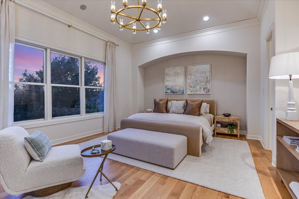 Bedroom, Chandelier, Interior, Recessed Lighting, Wood Texture Flooring