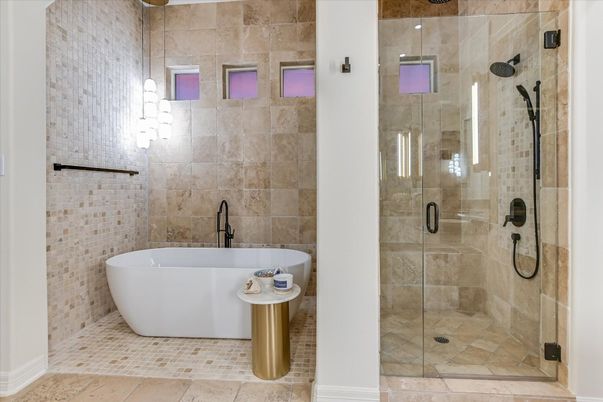 Bathroom, Free Standing Baths, Glass Shower, Interior, Stone Walls