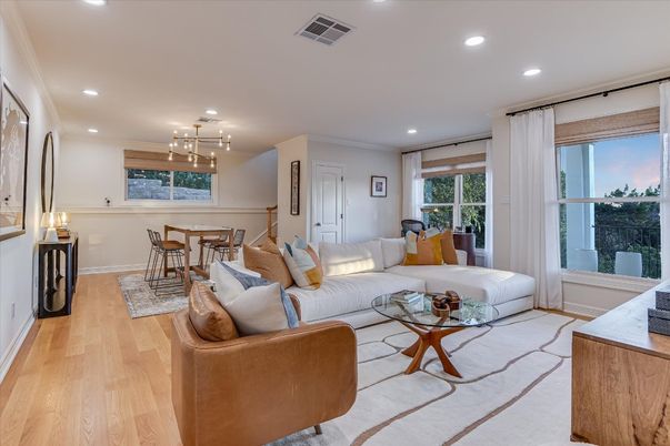 Dining room, Interior, Living room, Pendant Lights, Recessed Lighting, Wood Texture Flooring