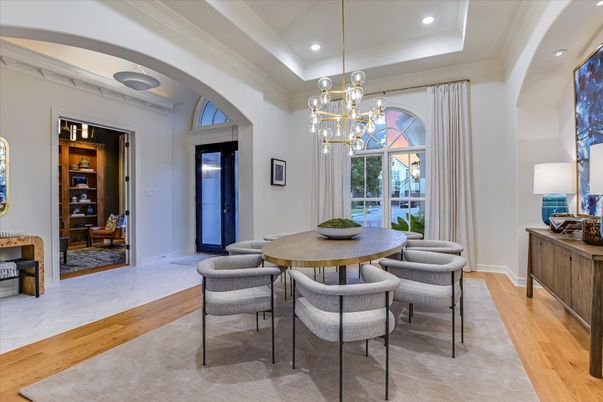 Dining room, Interior, Pendant Lights, Recessed Lighting, Wood Texture Flooring