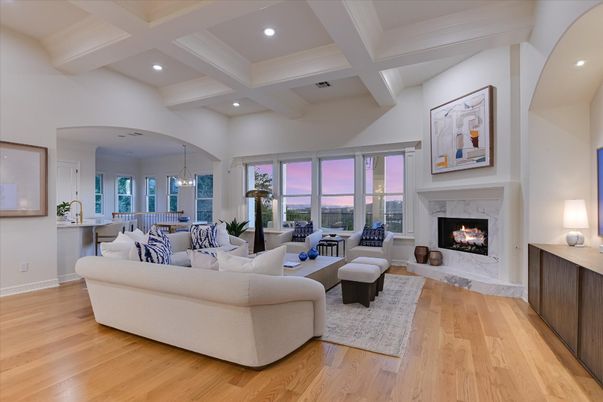 Dining room, Fireplace, Interior, Living room, Pendant Lights, Recessed Lighting, Wood Texture Flooring