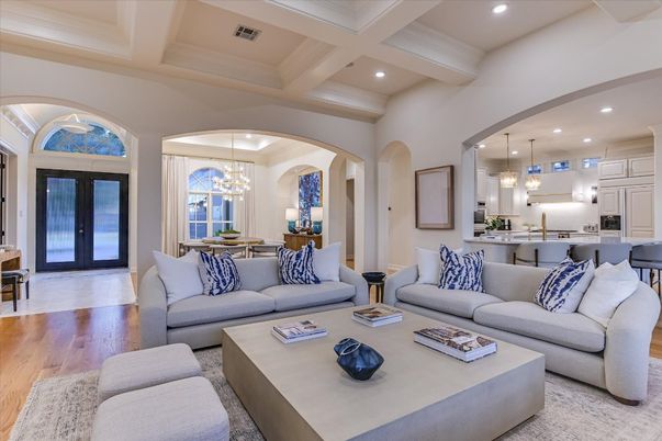 Chandelier, Dining room, Interior, Kitchen, Living room, Pendant Lights, Recessed Lighting, Wood Texture Flooring
