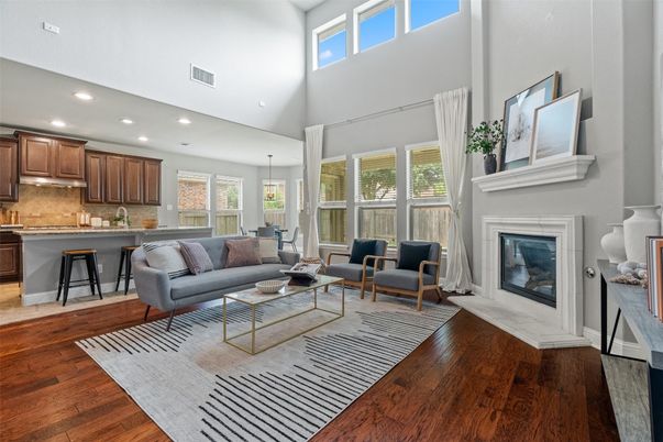 Fireplace, Interior, Kitchen, Living room, Pendant Lights, Recessed Lighting, Wood Texture Flooring