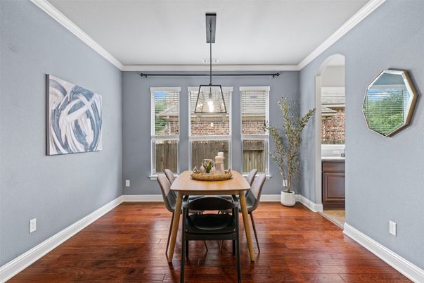Dining room, Interior, Pendant Lights, Wood Texture Flooring