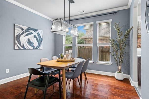 Dining room, Interior, Pendant Lights, Wood Texture Flooring