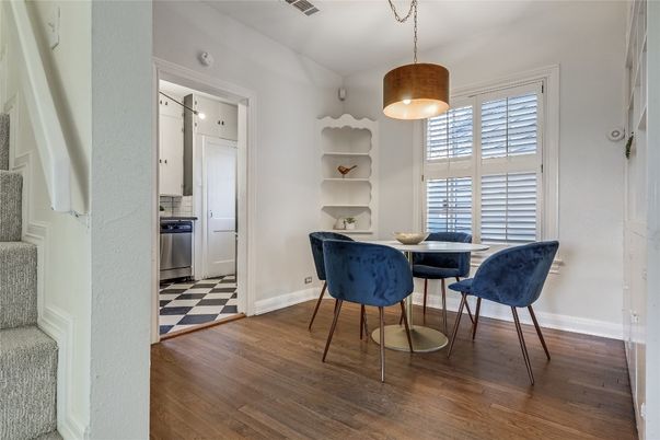 Dining room, Interior, Pendant Lights, Wood Texture Flooring