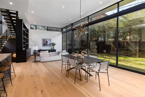 Dining room, Interior, Living room, Pendant Lights, Recessed Lighting, Wood Texture Flooring