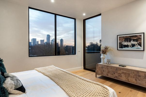 Bedroom, Interior, Recessed Lighting, Wood Texture Flooring