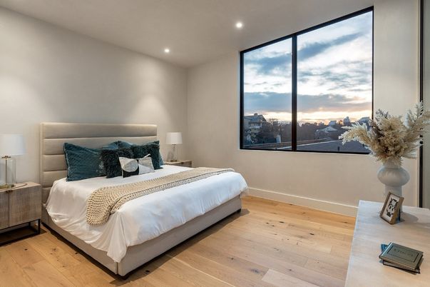 Bedroom, Interior, Recessed Lighting, Wood Texture Flooring