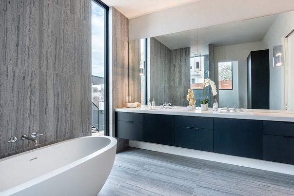 Bathroom, Dual Sink Vanities, Free Standing Baths, Interior, Wood Texture Flooring