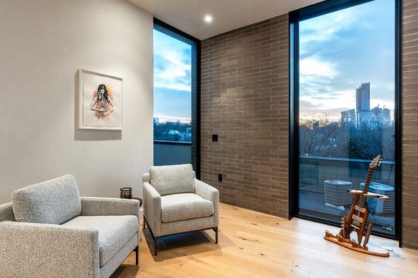 Interior, Recessed Lighting, Stone Walls, Wood Texture Flooring