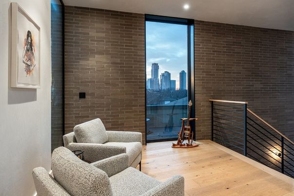 Fireplace, Interior, Recessed Lighting, Stone Walls, Wood Texture Flooring