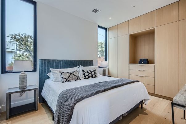 Bedroom, Interior, Recessed Lighting, Wood Texture Flooring