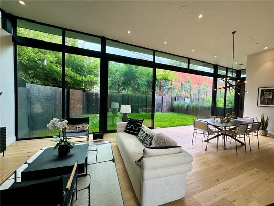 Dining room, Interior, Living room, Pendant Lights, Recessed Lighting, Wood Texture Flooring