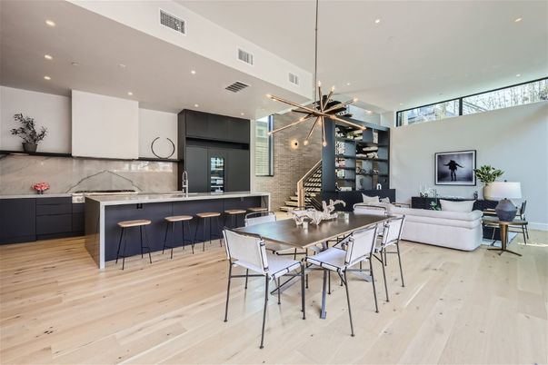 Dining room, Interior, Kitchen, Living room, Pendant Lights, Recessed Lighting, Wood Texture Flooring