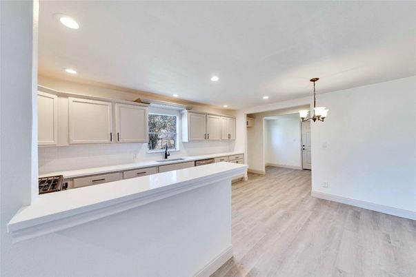 Chandelier, Interior, Kitchen, Recessed Lighting, Wood Texture Flooring