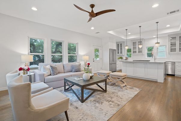 Interior, Kitchen, Living room, Pendant Lights, Recessed Lighting, Stainless Steel Appliances, Wood Texture Flooring