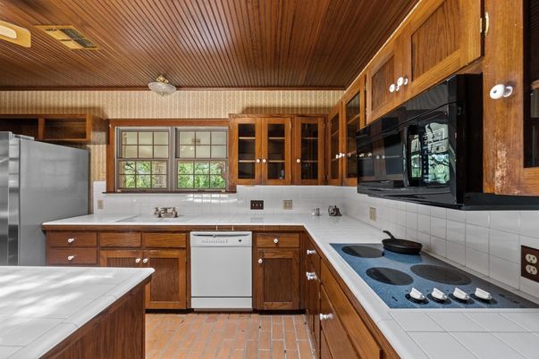 Interior, Kitchen, Tile Countertops, Wooden Ceilings