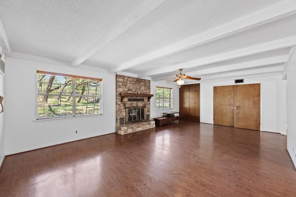 Empty room, Fireplace, Interior, Stone Walls, Wood Texture Flooring