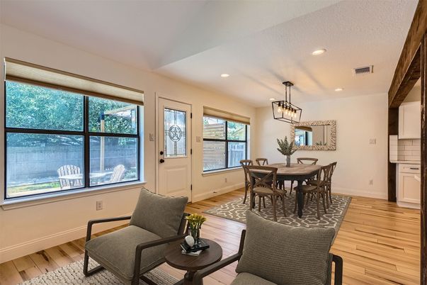 Dining room, Interior, Pendant Lights, Recessed Lighting, Wood Texture Flooring