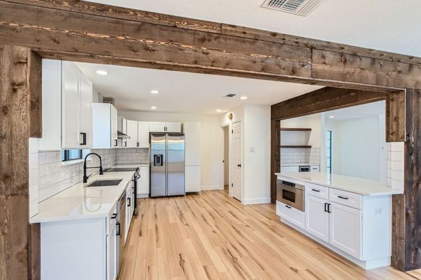 Interior, Kitchen, Recessed Lighting, Stainless Steel Appliances, Wooden Beams, Wood Texture Flooring