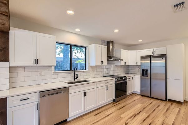 Interior, Kitchen, Recessed Lighting, Stainless Steel Appliances, Wood Texture Flooring