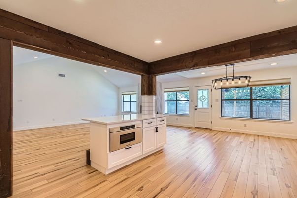 Empty room, Interior, Kitchen, Pendant Lights, Recessed Lighting, Wooden Beams, Wood Texture Flooring
