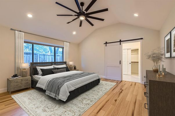 Bedroom, Interior, Recessed Lighting, Wood Texture Flooring