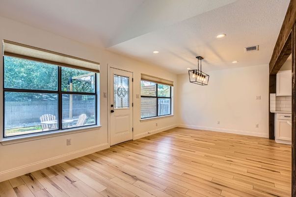 Empty room, Interior, Pendant Lights, Recessed Lighting, Wood Texture Flooring