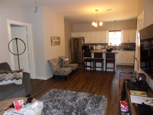 Chandelier, Interior, Kitchen, Pendant Lights, Stainless Steel Appliances, Wood Texture Flooring