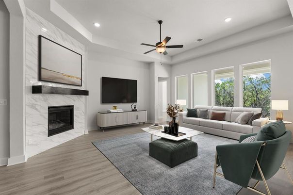 Fireplace, Interior, Living room, Marble Walls, Recessed Lighting, Wood Texture Flooring