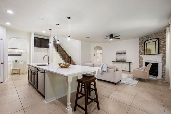 Fireplace, Interior, Kitchen, Living room, Pendant Lights, Recessed Lighting, Stone Walls