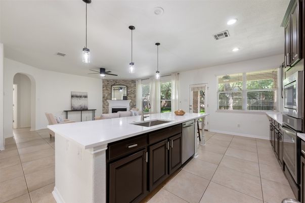 Dining room, Fireplace, Interior, Kitchen, Pendant Lights, Recessed Lighting, Stone Walls