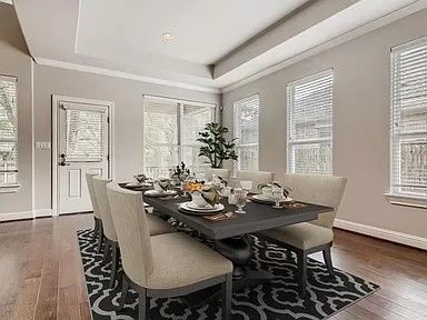 Dining room, Interior, Recessed Lighting, Wood Texture Flooring