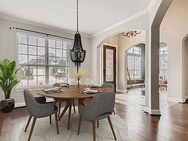 Dining room, Interior, Pendant Lights, Wood Texture Flooring
