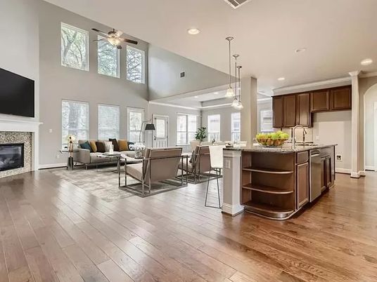 Dining room, Fireplace, Interior, Kitchen, Living room, Pendant Lights, Recessed Lighting, Wood Texture Flooring