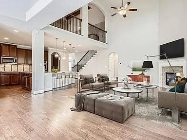 Fireplace, Interior, Kitchen, Living room, Pendant Lights, Recessed Lighting, Wood Texture Flooring