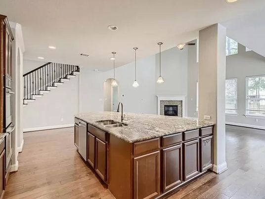 Fireplace, Interior, Kitchen, Pendant Lights, Recessed Lighting, Wood Texture Flooring