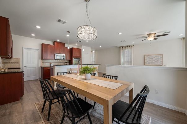 Chandelier, Dining room, Interior, Kitchen, Pendant Lights, Recessed Lighting, Wood Texture Flooring