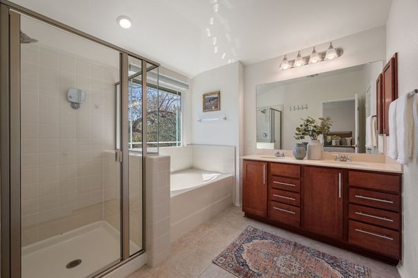 Bathroom, Dual Sink Vanities, Glass Shower, Interior, Recessed Lighting