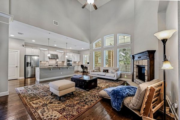 Interior, Kitchen, Living room, Pendant Lights, Recessed Lighting, Stainless Steel Appliances, Wood Texture Flooring