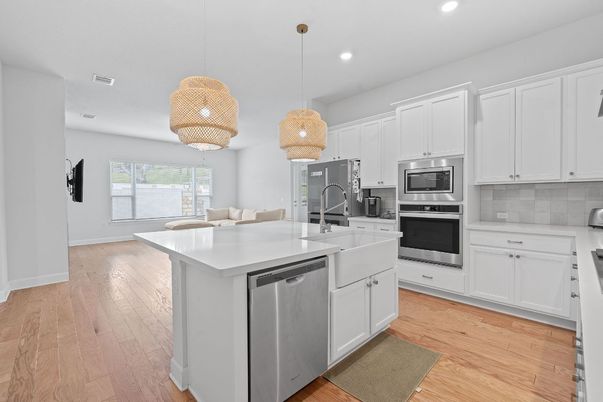Interior, Kitchen, Pendant Lights, Recessed Lighting, Stainless Steel Appliances, Wood Texture Flooring