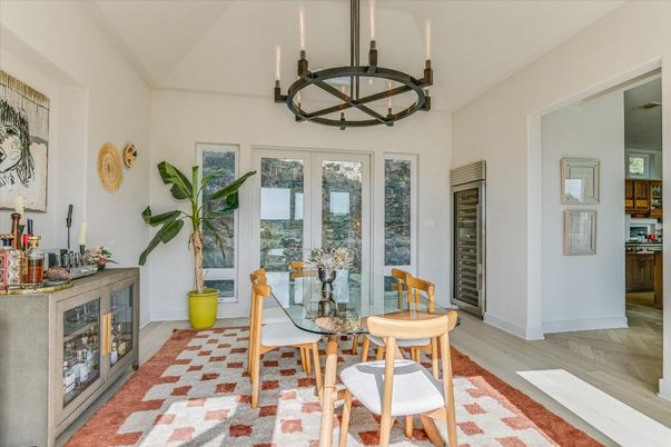 Chandelier, Dining room, Interior, Wood Texture Flooring