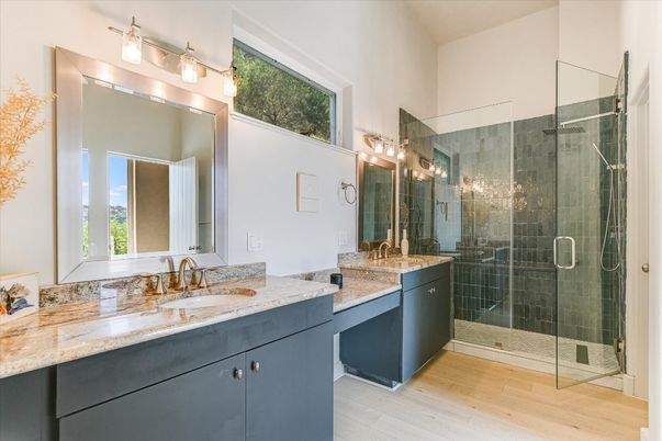 Bathroom, Dual Sink Vanities, Glass Shower, Interior, Wood Texture Flooring