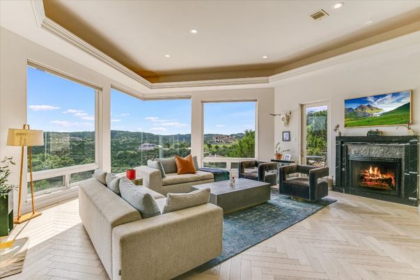 Fireplace, Interior, Living room, Recessed Lighting, Wood Texture Flooring