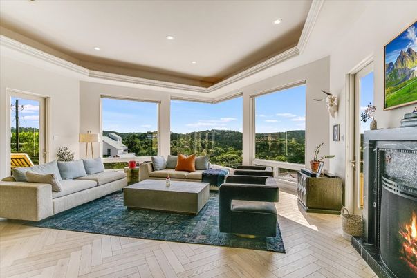 Fireplace, Interior, Living room, Recessed Lighting, Wood Texture Flooring