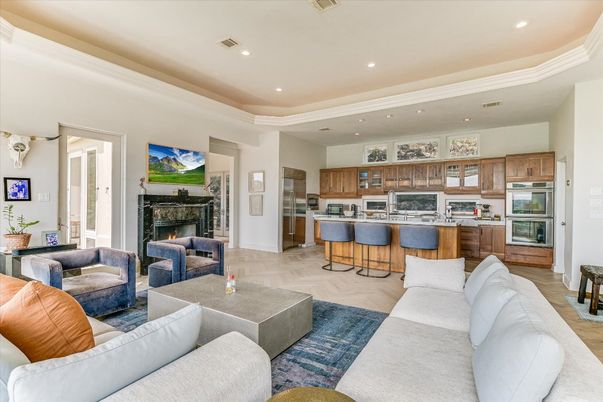 Fireplace, Interior, Kitchen, Living room, Recessed Lighting, Stainless Steel Appliances, Wood Texture Flooring