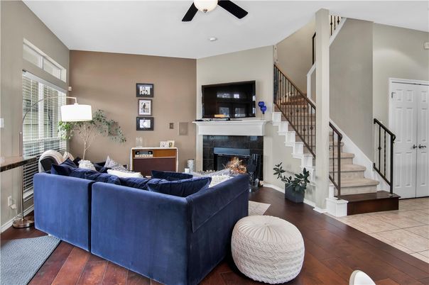 Fireplace, Interior, Living room, Recessed Lighting, Wood Texture Flooring