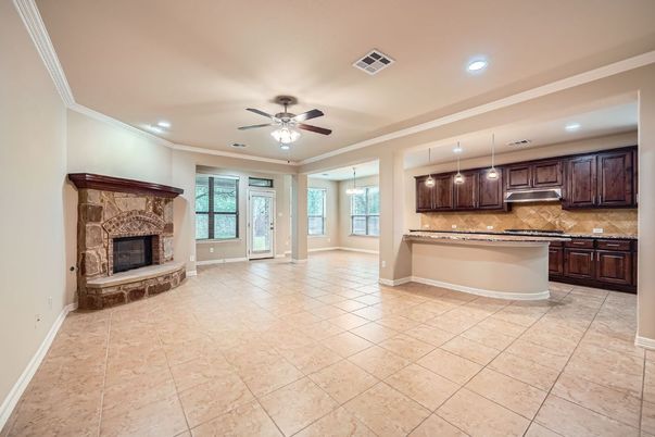 Fireplace, Interior, Kitchen, Pendant Lights, Recessed Lighting