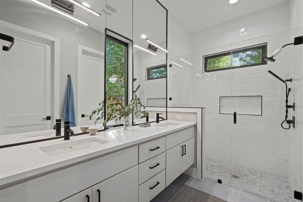 Bathroom, Dual Sink Vanities, Glass Shower, Interior, Recessed Lighting